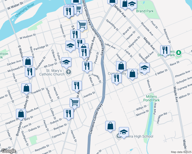 map of restaurants, bars, coffee shops, grocery stores, and more near 551 South Main Street in Elmira