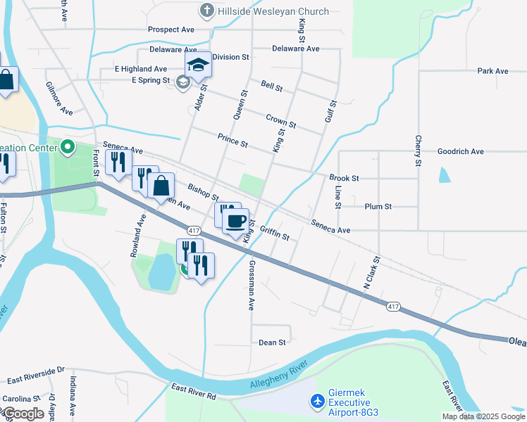 map of restaurants, bars, coffee shops, grocery stores, and more near 917 Griffin Street in Olean