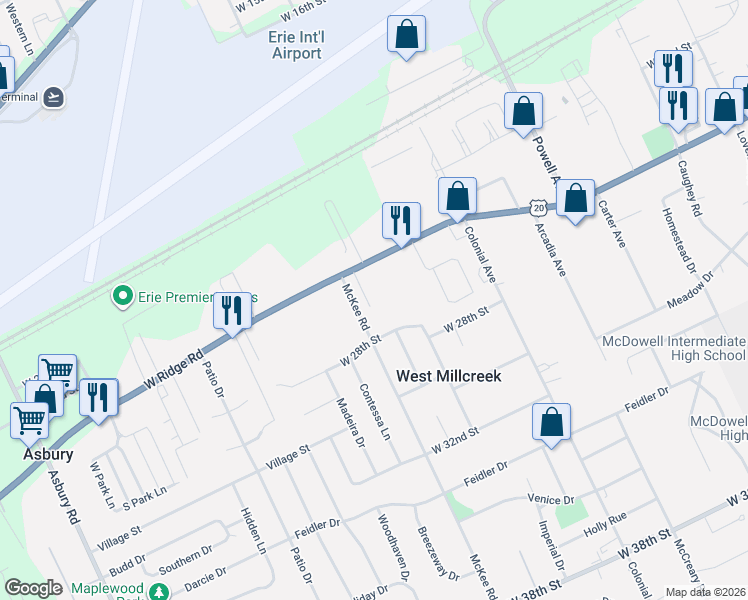 map of restaurants, bars, coffee shops, grocery stores, and more near 4132 W 28th St in Erie