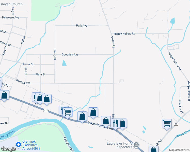 map of restaurants, bars, coffee shops, grocery stores, and more near 1638 Seneca Avenue in Olean