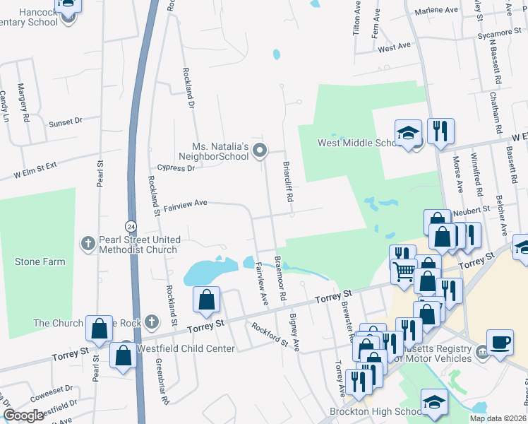 map of restaurants, bars, coffee shops, grocery stores, and more near 117 Fairview Avenue in Brockton