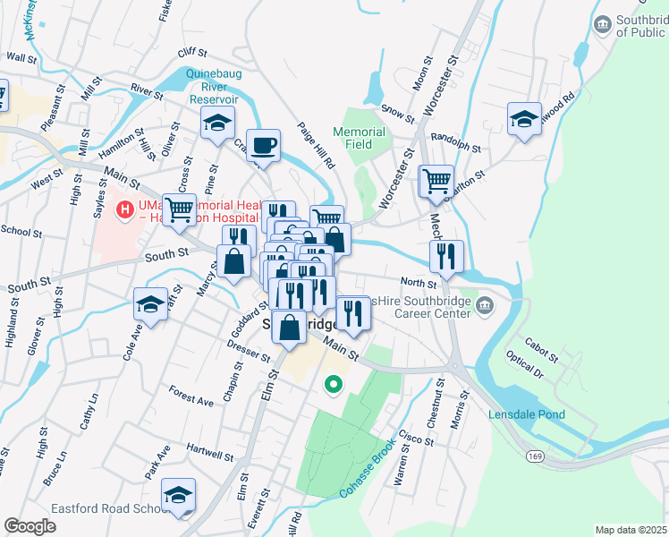 map of restaurants, bars, coffee shops, grocery stores, and more near 70 Foster Street in Southbridge