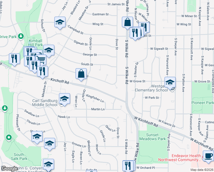 map of restaurants, bars, coffee shops, grocery stores, and more near 2202 Kirchoff Road in Rolling Meadows