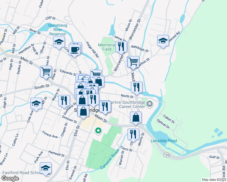 map of restaurants, bars, coffee shops, grocery stores, and more near 55 North Street in Southbridge