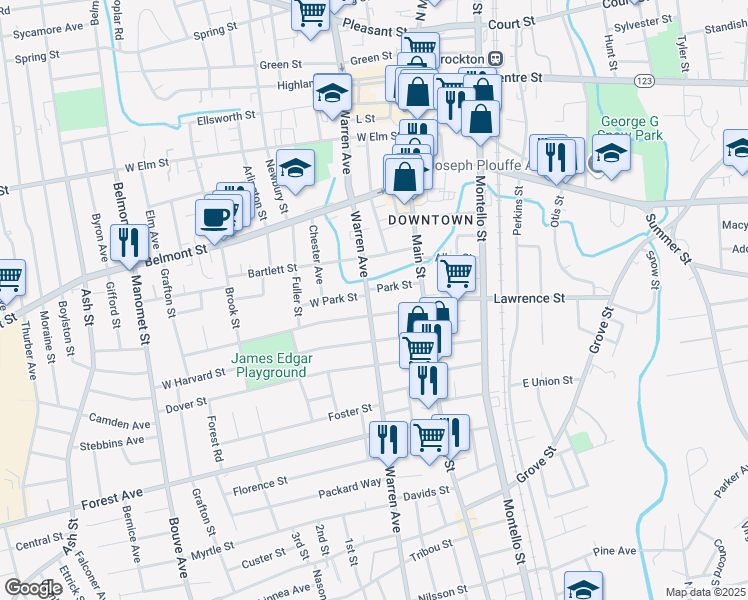 map of restaurants, bars, coffee shops, grocery stores, and more near 436 Warren Avenue in Brockton
