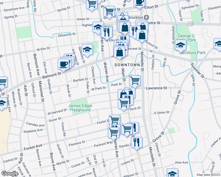 map of restaurants, bars, coffee shops, grocery stores, and more near in Brockton