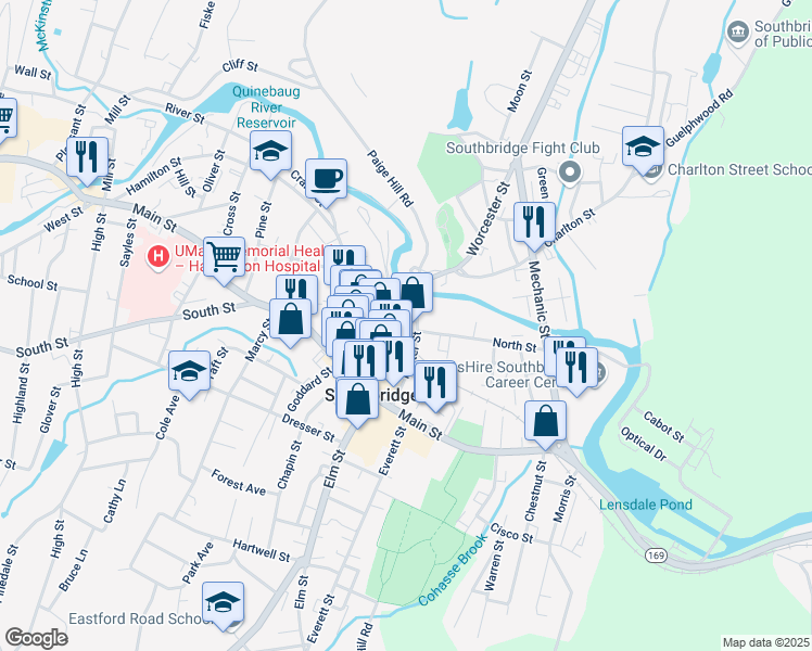 map of restaurants, bars, coffee shops, grocery stores, and more near Central Street in Southbridge
