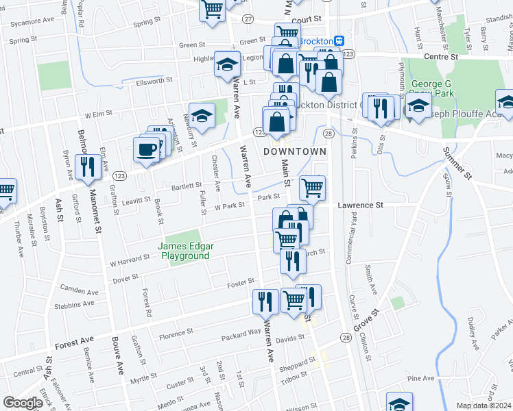 map of restaurants, bars, coffee shops, grocery stores, and more near in Brockton