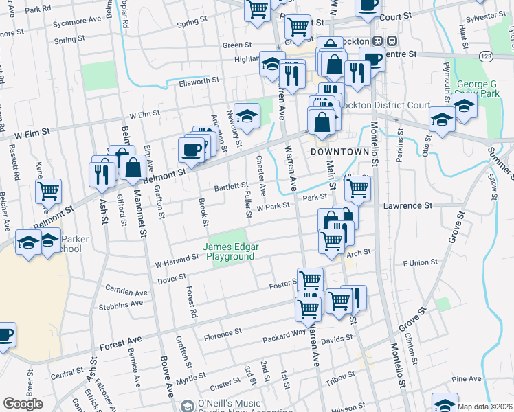 map of restaurants, bars, coffee shops, grocery stores, and more near 88 Fuller Street in Brockton