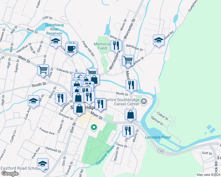 map of restaurants, bars, coffee shops, grocery stores, and more near 58 North Street in Southbridge