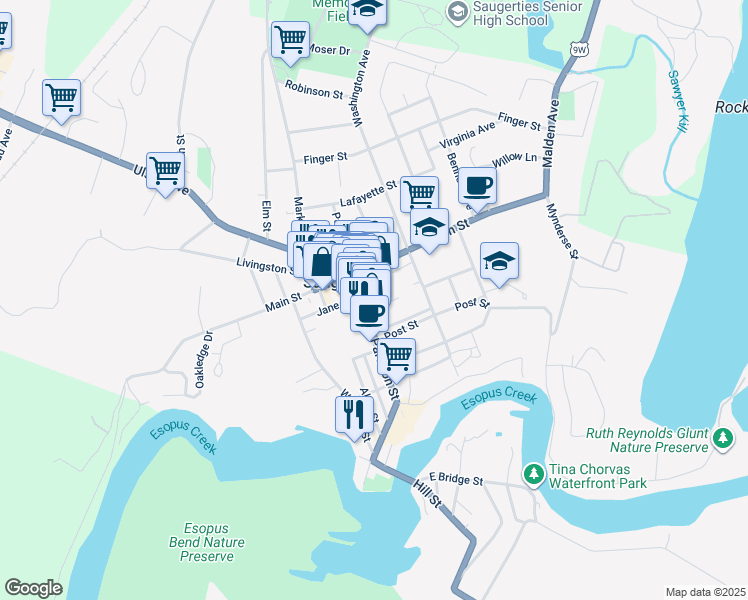 map of restaurants, bars, coffee shops, grocery stores, and more near 133 Partition Street in Saugerties