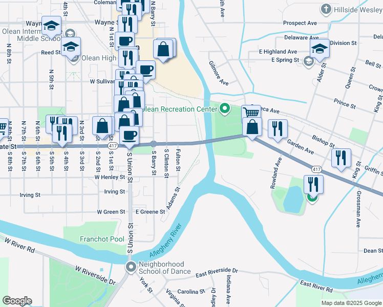 map of restaurants, bars, coffee shops, grocery stores, and more near 422 East State Street in Olean