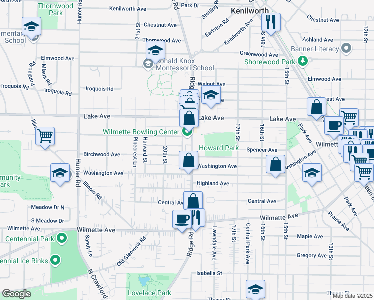 map of restaurants, bars, coffee shops, grocery stores, and more near 627 Ridge Road in Wilmette