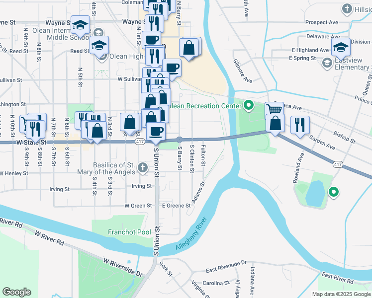 map of restaurants, bars, coffee shops, grocery stores, and more near 109 South Barry Street in Olean