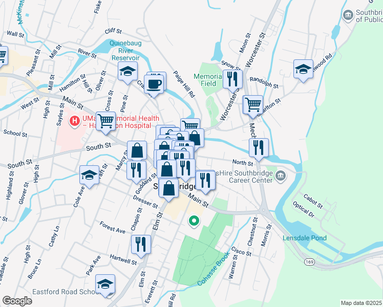 map of restaurants, bars, coffee shops, grocery stores, and more near Central Street in Southbridge