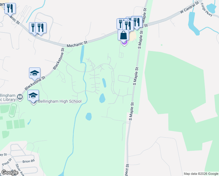 map of restaurants, bars, coffee shops, grocery stores, and more near 614 Maple Brook Road in Bellingham