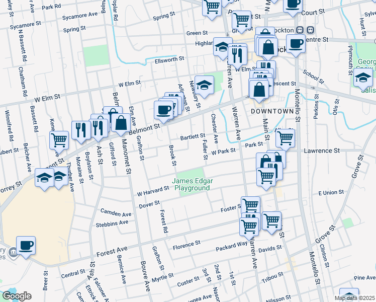 map of restaurants, bars, coffee shops, grocery stores, and more near 24 Howard Square in Brockton
