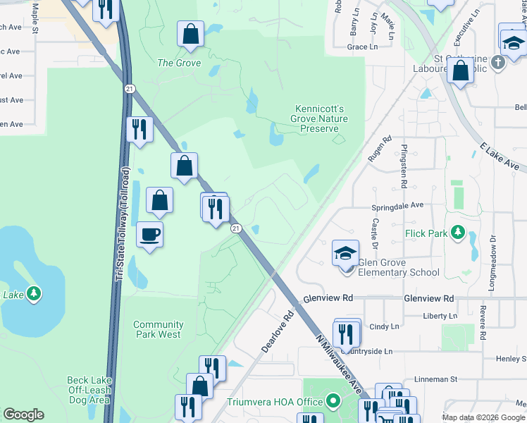 map of restaurants, bars, coffee shops, grocery stores, and more near 1112 Castilian Court in Glenview
