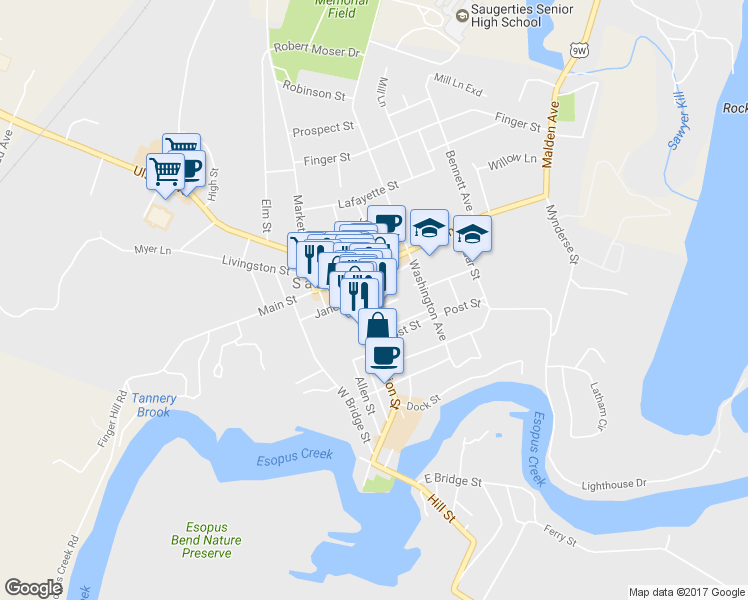 map of restaurants, bars, coffee shops, grocery stores, and more near 105 Partition Street in Saugerties