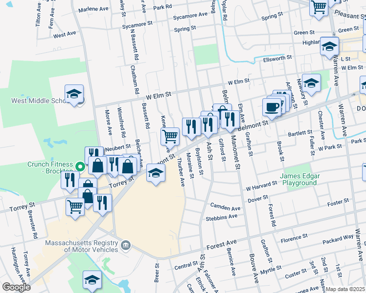 map of restaurants, bars, coffee shops, grocery stores, and more near 401 Belmont Street in Brockton