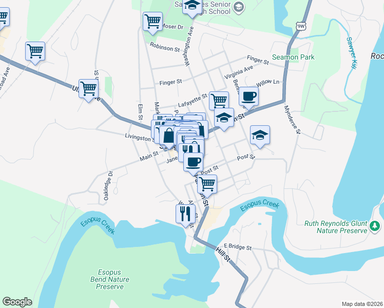 map of restaurants, bars, coffee shops, grocery stores, and more near 133 Partition Street in Saugerties