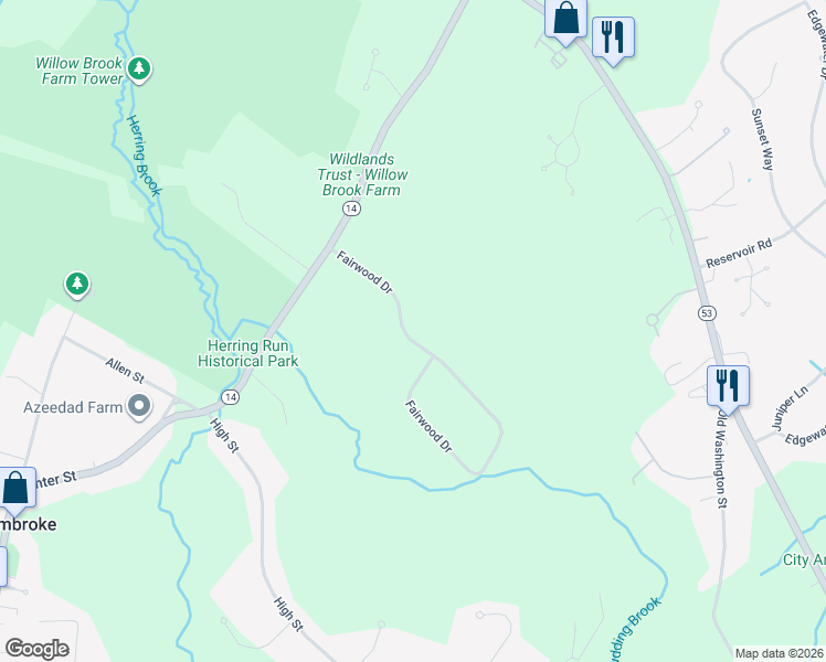 map of restaurants, bars, coffee shops, grocery stores, and more near 58 Fairwood Drive in Pembroke