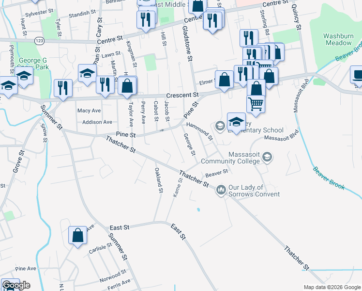 map of restaurants, bars, coffee shops, grocery stores, and more near 111 Jacob Street in Brockton