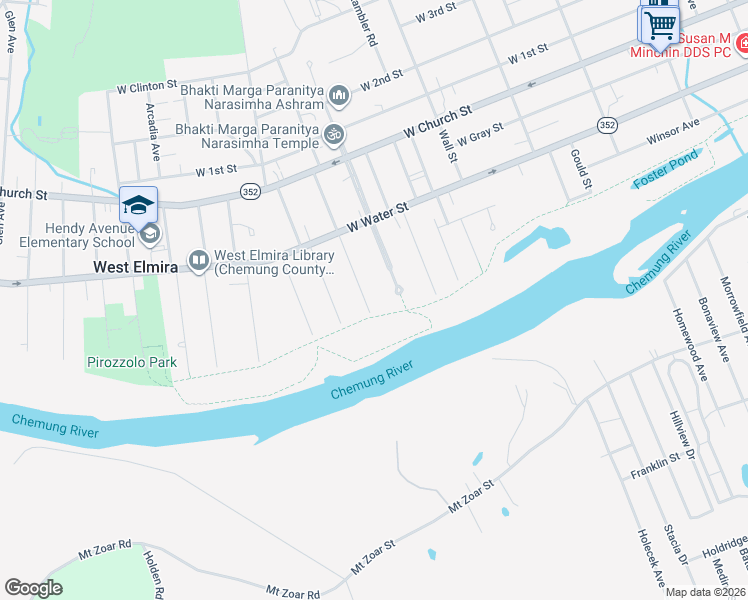 map of restaurants, bars, coffee shops, grocery stores, and more near Riverfront Levee Trail in Elmira