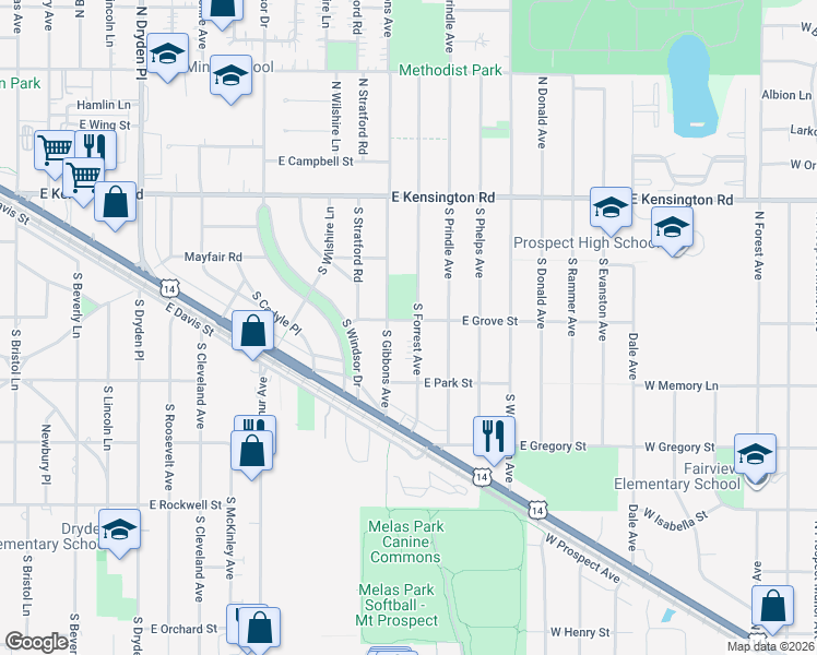 map of restaurants, bars, coffee shops, grocery stores, and more near 1815 East Grove Street in Arlington Heights