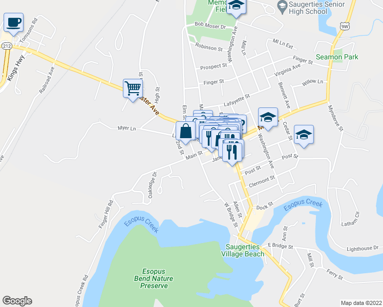 map of restaurants, bars, coffee shops, grocery stores, and more near 351 Main Street in Saugerties