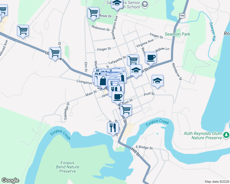 map of restaurants, bars, coffee shops, grocery stores, and more near Partition Street & Jane Street in Saugerties