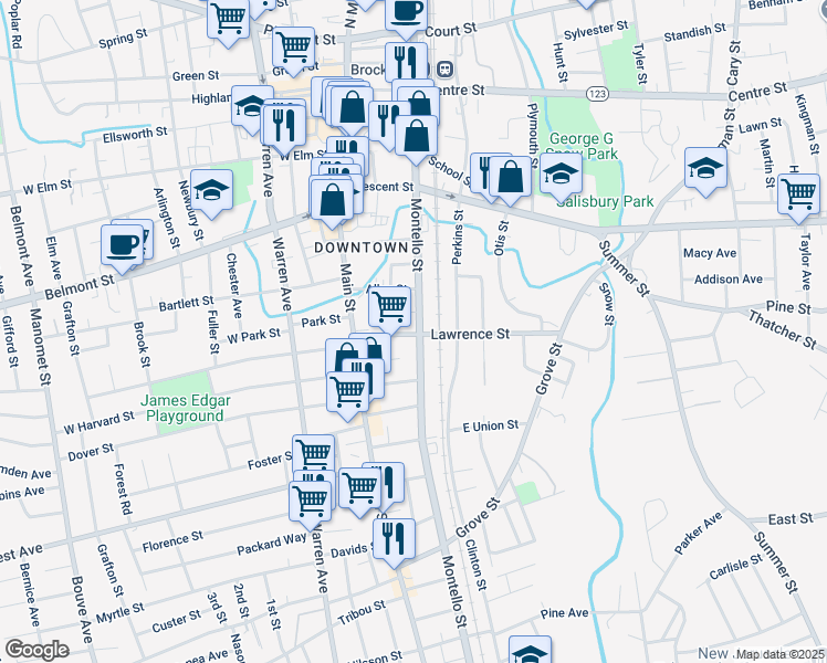 map of restaurants, bars, coffee shops, grocery stores, and more near 451 Montello Street in Brockton