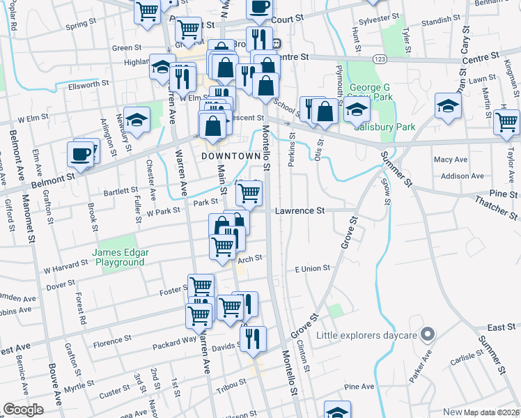 map of restaurants, bars, coffee shops, grocery stores, and more near 451 Montello Street in Brockton