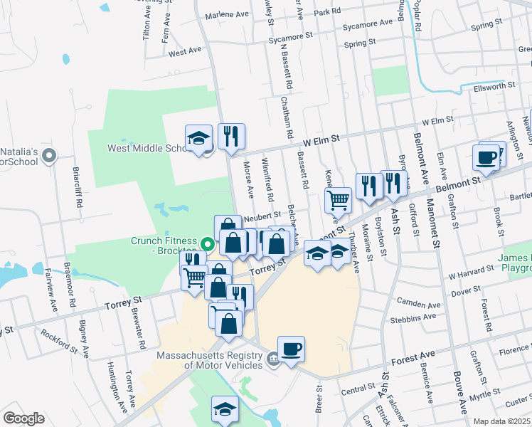 map of restaurants, bars, coffee shops, grocery stores, and more near 91 Winnifred Road in Brockton