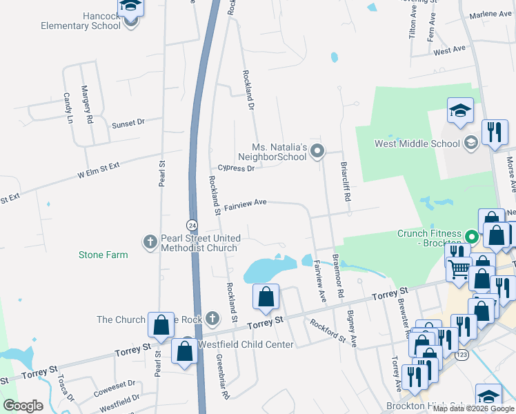 map of restaurants, bars, coffee shops, grocery stores, and more near 184R Fairview Avenue in Brockton