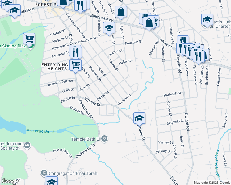 map of restaurants, bars, coffee shops, grocery stores, and more near 254 Shawmut Street in Springfield