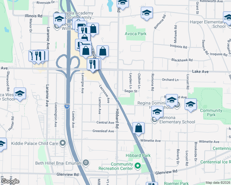 map of restaurants, bars, coffee shops, grocery stores, and more near 730 Hibbard Road in Wilmette