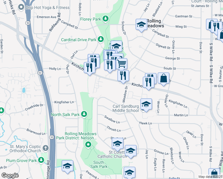 map of restaurants, bars, coffee shops, grocery stores, and more near 3008 Martin Lane in Rolling Meadows