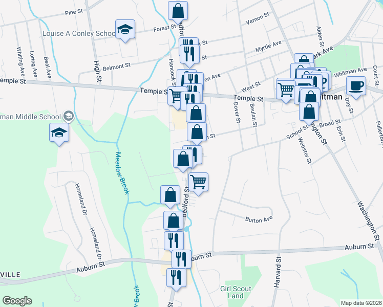 map of restaurants, bars, coffee shops, grocery stores, and more near Bedford Street in Whitman