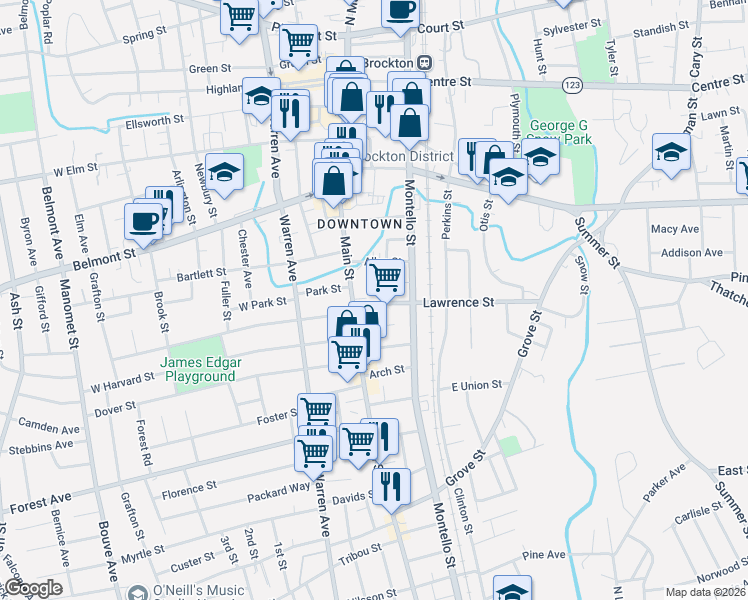 map of restaurants, bars, coffee shops, grocery stores, and more near 14 Somerset Place in Brockton