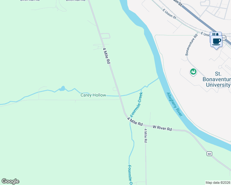 map of restaurants, bars, coffee shops, grocery stores, and more near 3527 Carey Hollow Road in Allegany