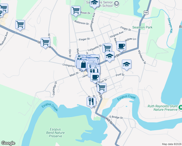 map of restaurants, bars, coffee shops, grocery stores, and more near 16 Jane Street in Saugerties