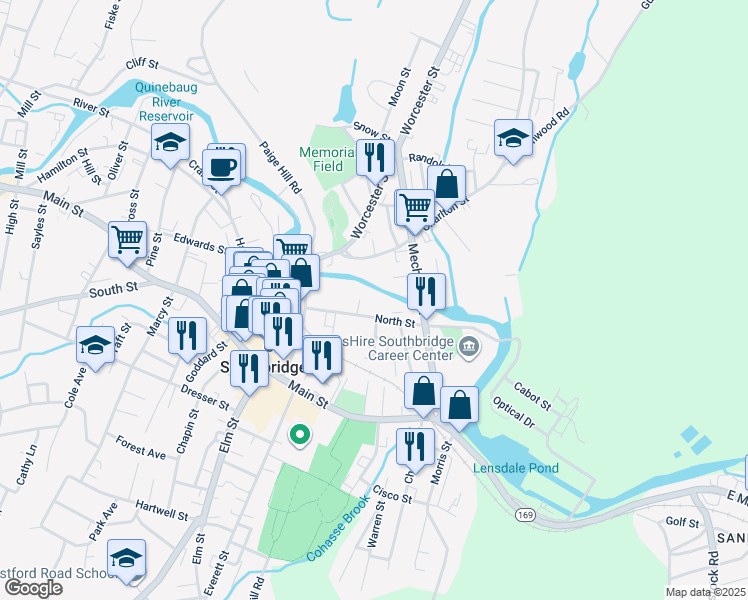 map of restaurants, bars, coffee shops, grocery stores, and more near 79 North Street in Southbridge