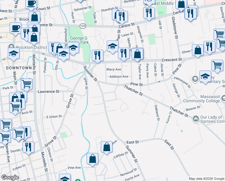 map of restaurants, bars, coffee shops, grocery stores, and more near 52 Dupont Circle in Brockton