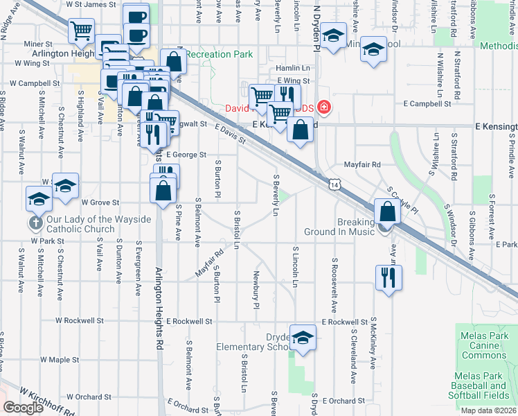 map of restaurants, bars, coffee shops, grocery stores, and more near 616 Mayfair Road in Arlington Heights