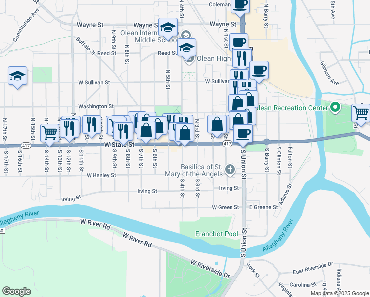 map of restaurants, bars, coffee shops, grocery stores, and more near 117 South 4th Street in Olean