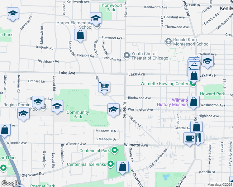 map of restaurants, bars, coffee shops, grocery stores, and more near 630 Illinois Road in Wilmette