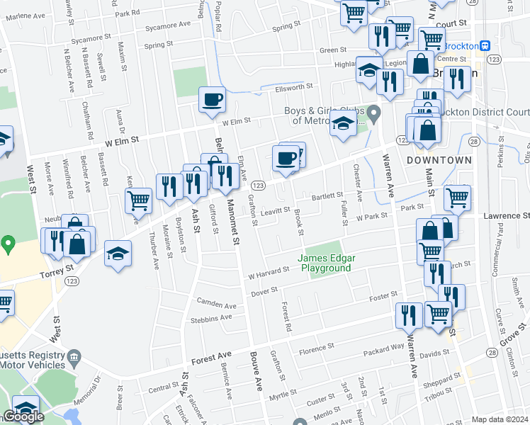 map of restaurants, bars, coffee shops, grocery stores, and more near 2 Leavitt Place in Brockton