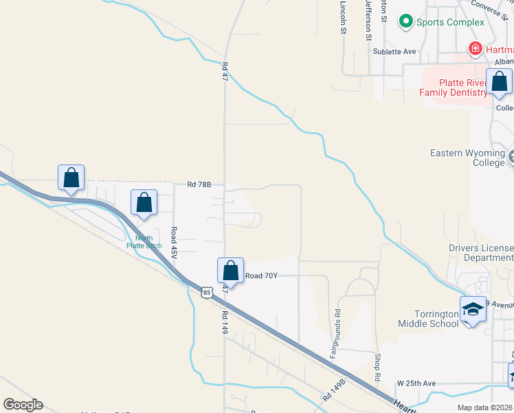 map of restaurants, bars, coffee shops, grocery stores, and more near 7214 Road 47 in Torrington