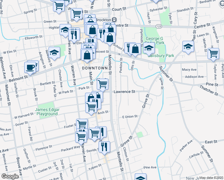 map of restaurants, bars, coffee shops, grocery stores, and more near 451 Montello Street in Brockton